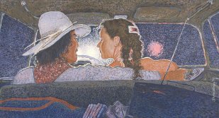 Shonto Begay (Navajo) ’76, Terra Constellation and Mercedes Benz, 1993, Acrylic on Canvas, 30” x 55.5”, on Loan from the Balzer Collection, photograph by John Joe (Navajo)