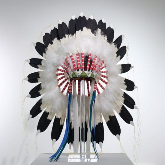 Dwayne Wilcox, Paper Chief, ledger paper Plains headdress, 2014, The Heritage Center, Pine Ridge Indian Reservation, South Dakota