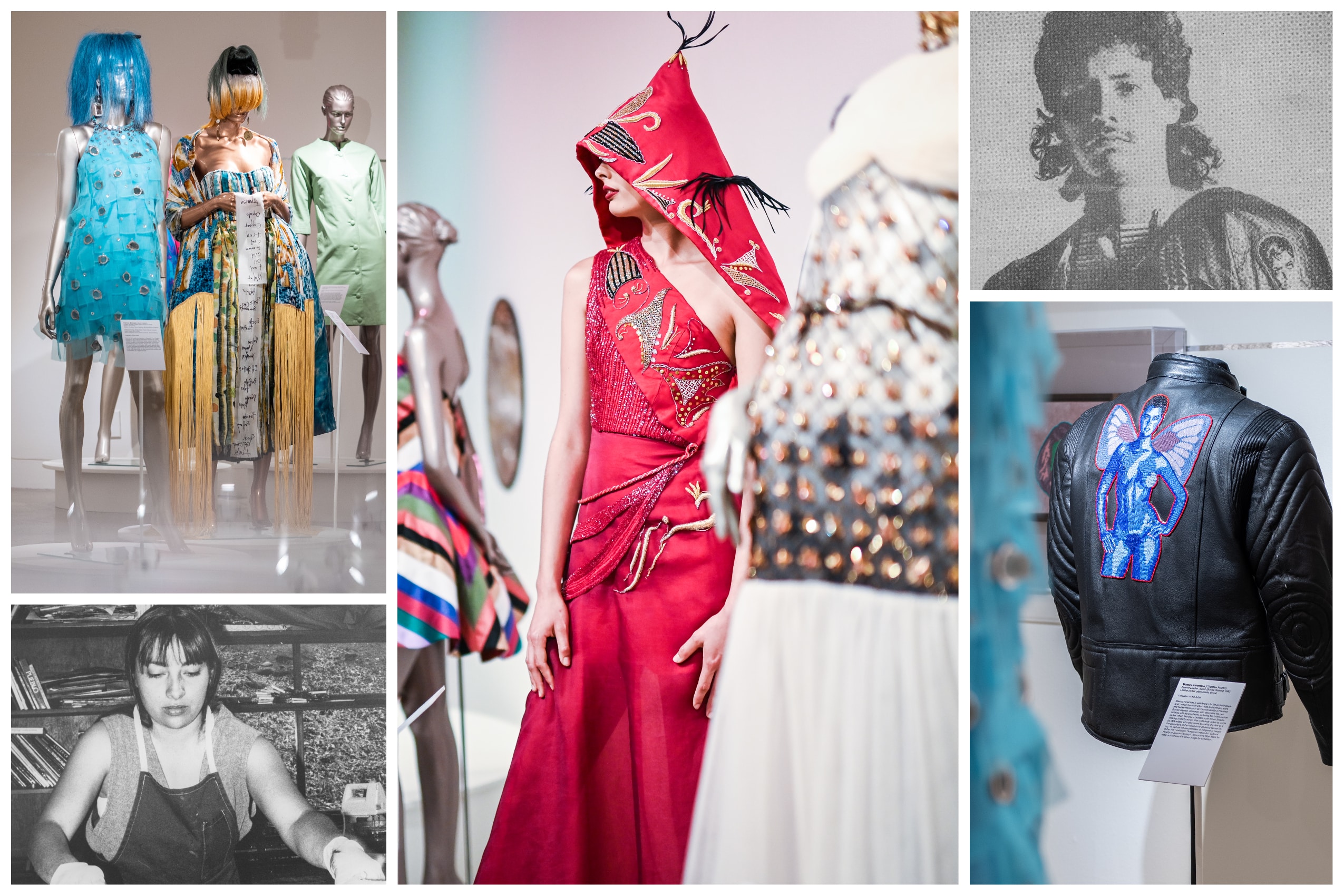 Image Credit (clockwise from upper left)­: Installation view of Art of Indigenous Fashion with Project Runway Finale Dress and Colonial Dress by Patricia Michaels in foreground, photograph by Nicole Lawe (Karuk); installation view with The Red Collection-Look No. 2 by Orlando Dugi at center, photograph by Nicole Lawe (Karuk); model in Marcus Amerman beaded leather jacket c. 1980s, photograph courtesy IAIA Archives; installation view of Beaded Leather Jacket (Brooke Shields), photograph by Nicole Lawe (Karuk); Patricia Michaels c. 1980s, photograph courtesy IAIA Archives. All pictured designs are on view in the Art of Indigenous Fashion exhibition at the IAIA Museum of Contemporary Native Arts