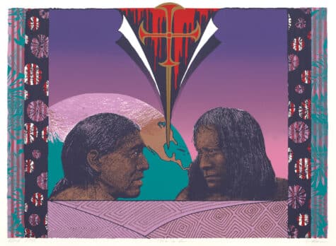 Jean LaMarr (Susanville Indian Rancheria), <em>Me y Tu</em>, 1992, silkscreen/serigraph, 22 x 30 inches. Collection of the Nevada Museum of Art, purchased with funds provided by the Orchard House Foundation.