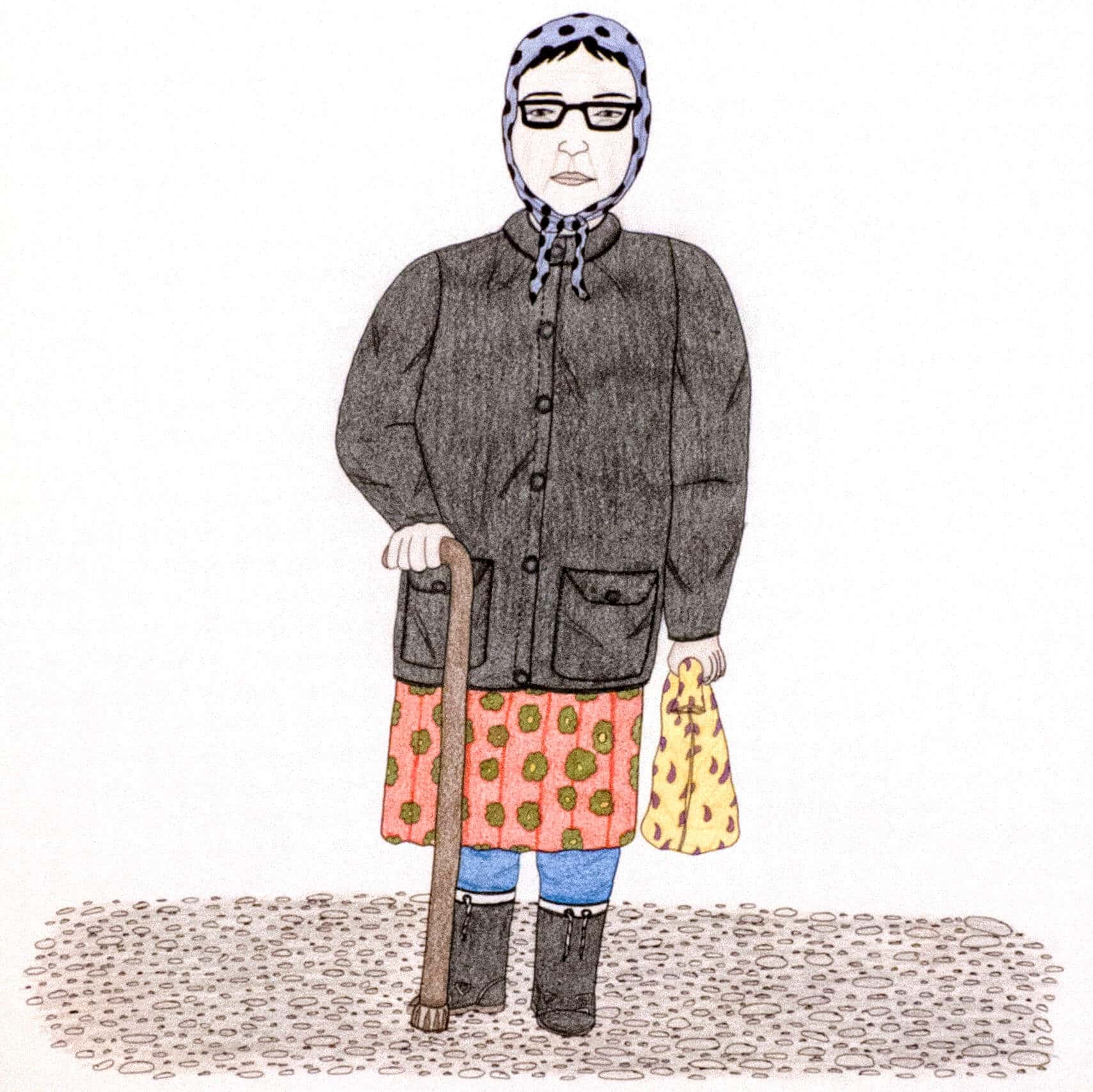 A Portrait of Pitseolak by Annie Pootoogook, pencil crayon, ink, Inuit, Cape Dorset (2003/2004)